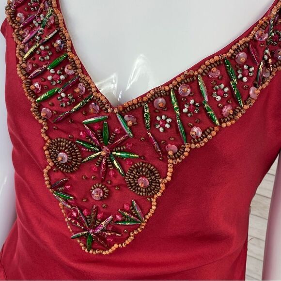 DStudio Silk Beaded Sash Tie Sleeveless Blouse Maroon Red 6 - Picture 6 of 12